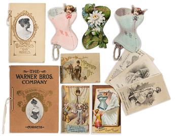 VARIOUS ARTISTS. WARNER BROS. CORSETS. Poster and ephemera. Circa 1880s. 30x23 inches, 76¼x58½ cm. Shober & Carqueville, Lith. Co., Chi